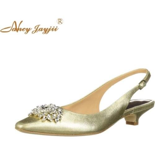 Crystal Flower Silver Golden Low Heels Slingbacks Wedding Pumps Woman Laides Shoes For bride Elegant Pointy Toe Small Size 33 34