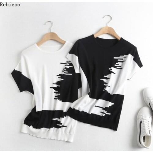 Large size womens summer street style short-sleeved knitting sweater female Patchwork color thin section Pullover tops