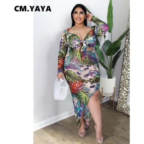 CM.YAYA Women Plus Size Dress Print Full Sleeve V-neck Bandage Hollow Out Splited Stretchy Long Maxi Dresses Sexy Vestidos Fall