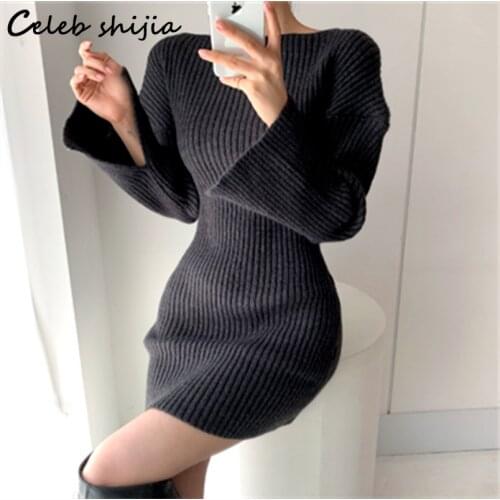 Y2k Knitted Dresses Women Autumn Winter Chic Split Sleeve Black Vestido De Mujer Dress Female Korean Elegant Streetwear Knitwear