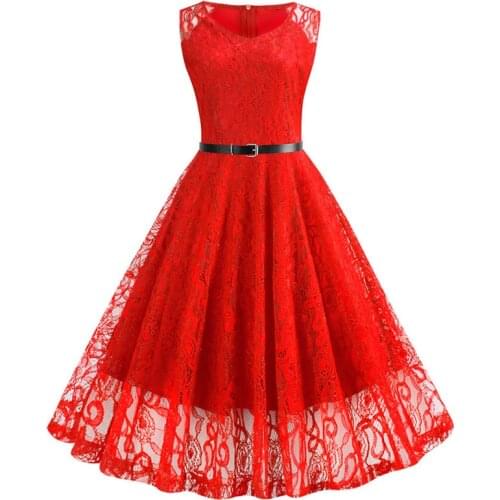 Summer Vintage Lace Dress Women Elegant Party Sexy Night Club Dresses 2019 V Neck Sleeveless Work A-Line Swing Office Vestidos