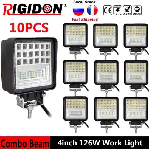 RIGIDON 10pcs 4inch 126W LED Work Light Off-road Driving Fog Lamp for 4x4 SUV ATV Boat Trucks Car 12V 24V