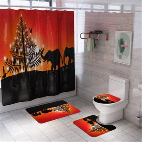 4Pcs/set Bathroom Mat Set Non-slip Digita Print Elephant Bath Mat Coral Fleece Shower Curtain Floor Mat Washable Toilet Rug