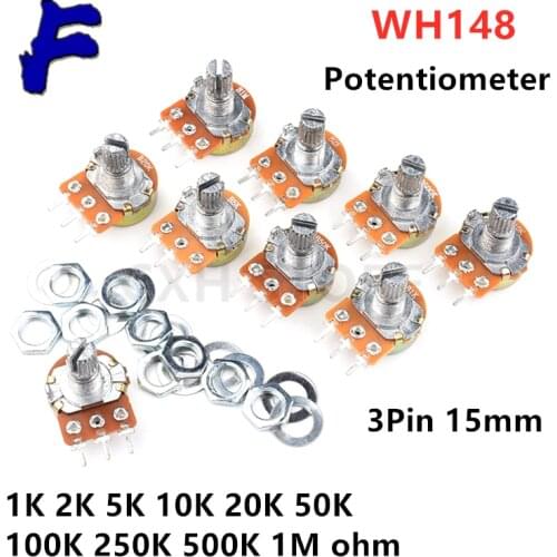 5Pcs WH148 B1K B2K B5K B10K B20K B50K B100K B500K 3Pin 15mm Shaft Amplifier Dual Stereo Potentiometer 1K 2K 5K 10K 50K 100K 500K