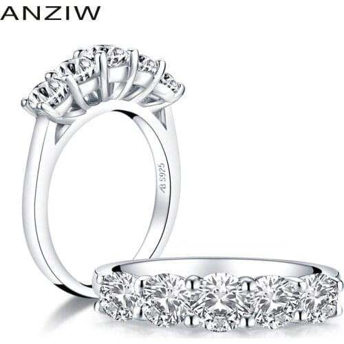 ANZIW 925 Sterling Silver Round Cut Wedding Band for Women Simulated Diamond 5-stone Ring Anniversary Silver Rings