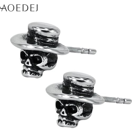 AOEDEJ Hat Silver Color Skull Earrings Stainless Steel Punk Cool Men Earrings Biker Ear Studs For Men Women Pendientes Hombre
