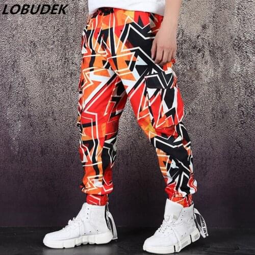 Geometric Pattern Tide Male Harem Pants Cargo Pants Loose Casual Trousers HIP HOP Rock DJ Dancer Stage Costume Orange Bar Show