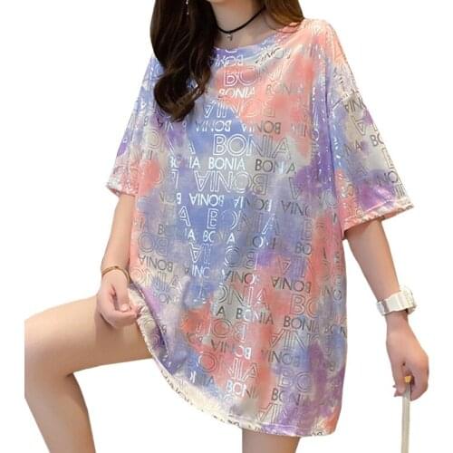 ZuoLunOuBa Summer Mid-Length New Women T Shirt Print Harajuku Shiny Letter O-Neck Tees Loose Short Sleeve Fashion Female Tops