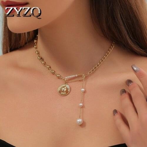 ZYZQ Creative Coin Portrait Delicate Pendent Necklace Daily Wear Fashion Item Women Jewelry Inlaid Synthetic Pearl Necklace Gift