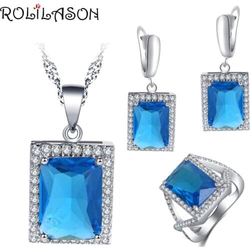 ROLILASON Light Blue Zircon Square Design For girl 925 Silver Stamped Earrings Necklace Rings Jewelry Sets JS749