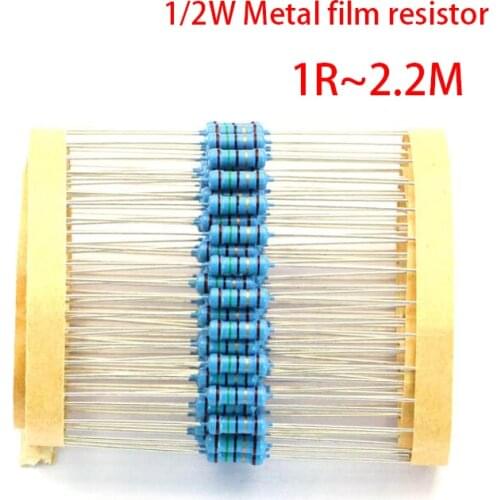 50pcs/lot 1/2W Metal film resistor 1R~2.2M 100R 220R 330R 1K 1.5K 2.2K 3.3K 4.7K 10K 22K 47K 100K 100 220 330 1K5 2K2 3K3 4K7ohm