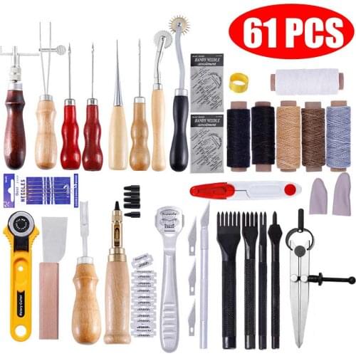 61 Pcs/Set Professional Leather Craft Tools Kit Home Hand Sewing Stitching Punch Carving Work Saddle Leathercraft Accessories