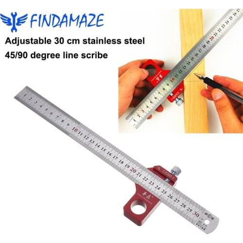 30 Cm Adjustable 45/90 Degree Line Scribe Marker Ruler Angle Ruler Inch and Metric Standard Measurement Woodworking Tools