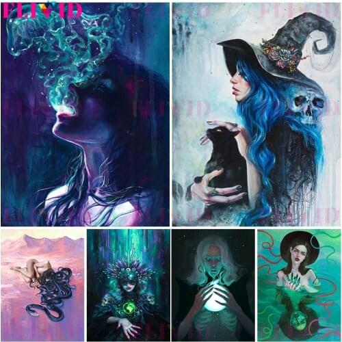 Medusa And The Siren Poster And Print Blue Witch And Black Cat Witchcraft Wall Art Canvas Painting For Living Room Decoration
