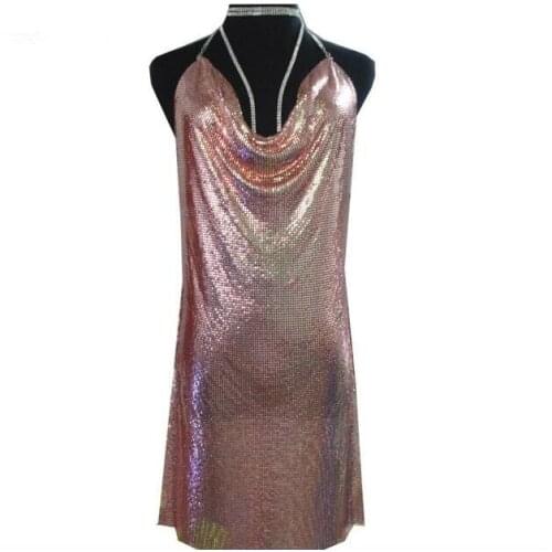 V-Neck Strap Backless Summer Dress Sequined Dress Elegant Ladies Beach Side Split Sexy Women Party Metal Sequins Dress Vestido