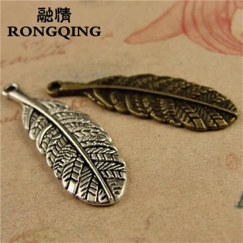 RONGQING 60pcs/lot 11*34MM feather leaf alloy Charms handmade Craft pendant making fit DIY for bracelet necklace