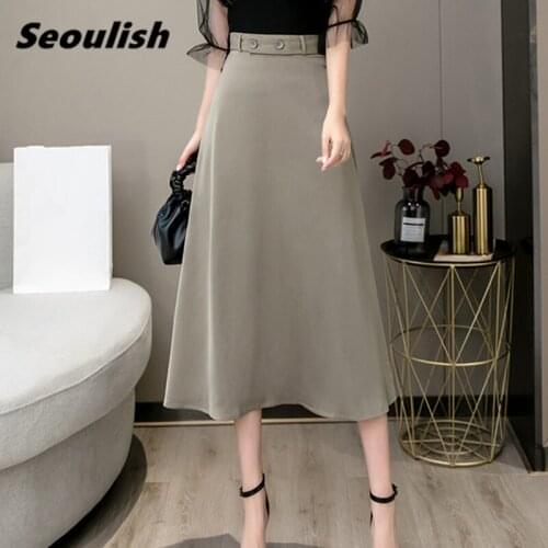 Seoulish 2021 New Summer Satin Women Umbrella Long Skirts Button Korean OL Style High Waist Workwear A-Line Skirts Office Lady