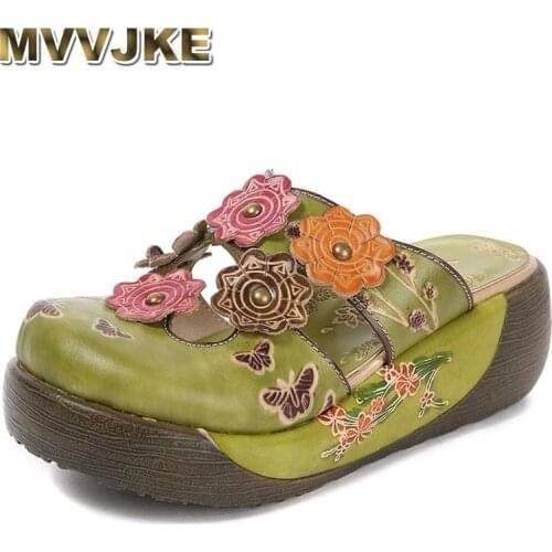 MVVJKE Flower Slippers Genuine Leather Shoes Handmade Slides Flip Flop On The Platform Clogs For Women Woman Slippers