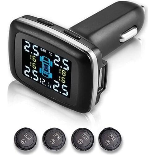 Wireless Car TPMS Tire Pressure Alarm LCD Monitoring System+4 External Sensors Cigarette Lighter USB Port Auto Security Alarm