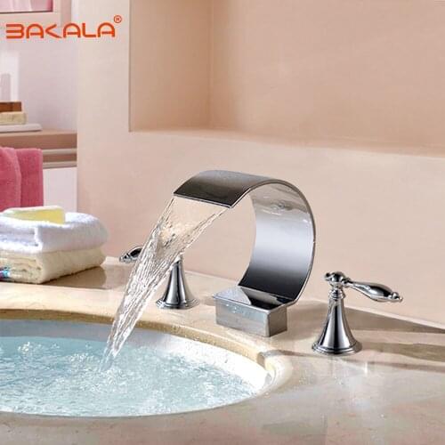 BAKALA Basin Faucets Brass Chrome Deck Mounted Waterfall Bathroom Sink Faucets 3 Hole Double Handle Hot And Cold Water Tap