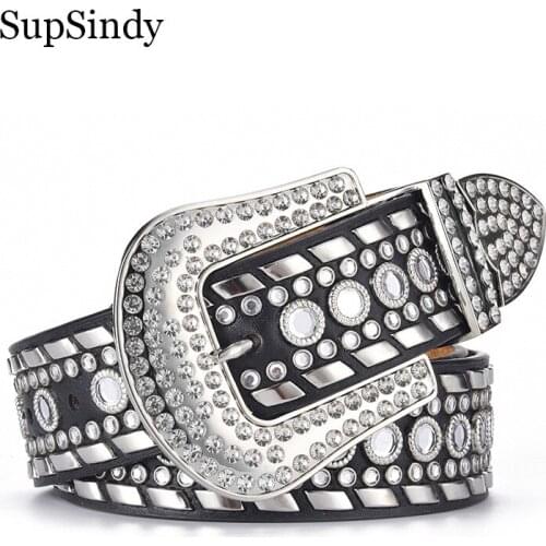 SupSindy Women Belt Geometric Rhinestones Rivet Pin Buckle PU Leather Belts for Women Jeans Waistband Vintage Strap Female Black