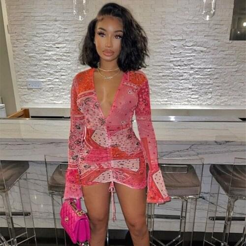 Spring V Neck Drawstring Sexy Party Dress Women Flare Long Sleeve Bandage Mini Dress Streetwear Printed See-through Club Dress