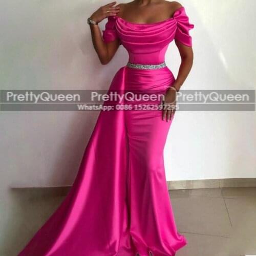 Hot Pink Satin Prom Dresses With Silver Beads Crystal Streamer Off Shoulder Mermaid Long Red Carpet Dress Party Gown