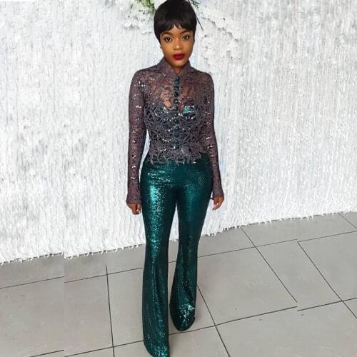 Unique Green Jumpsuit Prom Dresses High Neck Long Sleeve Lace Top Womens Outfit for Party Sequin Prom Gown