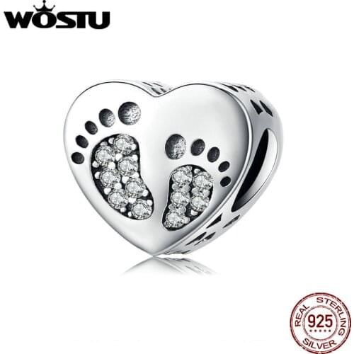 WOSTU Genuine 925 Sterling Silver Footprints Heart Beads Zircon Charms Fit Original Bracelet Pendant For Women Jewelry BKC1395