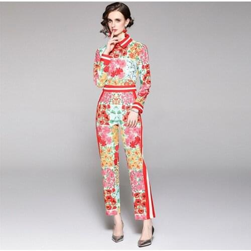 2021 Fashion European and American women slim slimming positioning printing long sleeve shirts + high waist pants suit