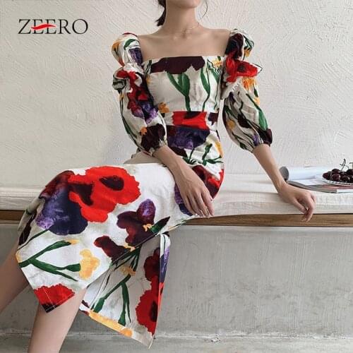 Autumn Women Floral Print Puff Sleeve Square Neck Beach Long Dress Elegant Female Vintage Sexy Bodycon Party Dresses Vestidos