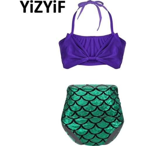 2 pcs Girls Swimwear Tankini Mermaid Swimsuit Kids Swim Halter Tops with Bottoms Bathing Suit Beachwear Bikini Set swimming suit