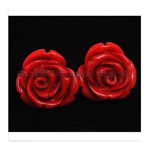 Free shipping >>>>>>12mm red coral hand carved rose flower earrings