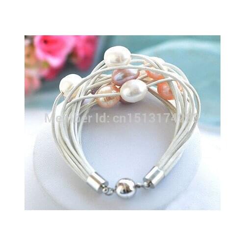 Free Shipping>>>15row 8" 13mm white pink lavender rice pearl white leather Bracelet