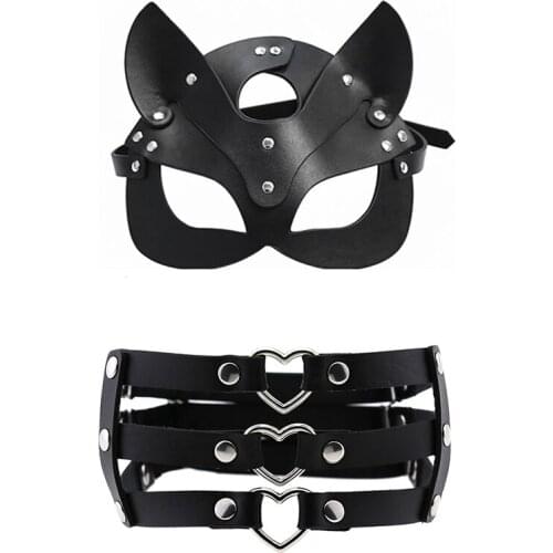 Erotic Leather Elastic Garter Belt With Bdsm Cat Masks Harness Belts Body Bondage Women Sex Toy Suspenders Strap Goth Accessorie