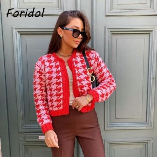 Foridol Houndstooth Print Red Oversize Cardigan Jumper Autumn Winter Short Sweater Cardigan Knitting New Women Clothing 2021