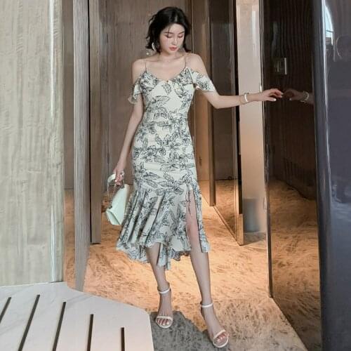 Summer Dress 2021 Beach Elegant Party Wrap Mermaid Dresses Sexy Women Spaghetti Strap Ruffles Print Chiffon Boho Dress Vestidos