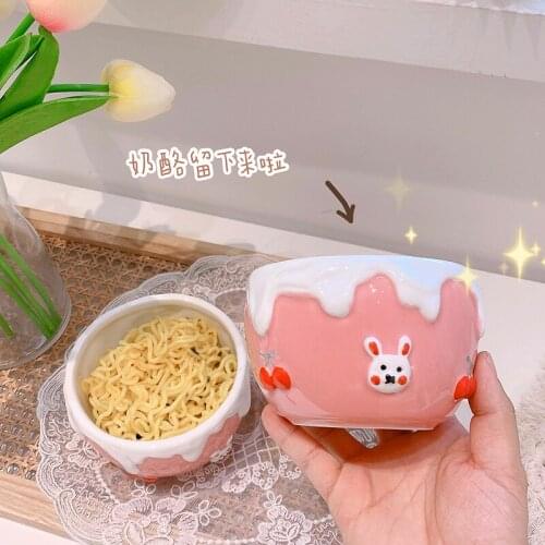 Lovely soft cute cherry rabbit ceramic bowl student rice bowl cartoon cream relief soup bowl for children