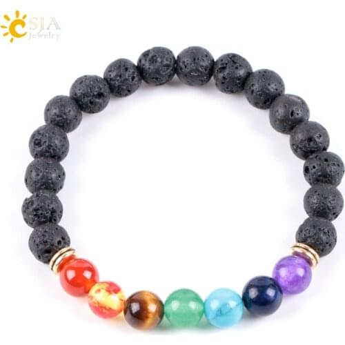 CSJA Natural Gem Stone Black Rock Lava Volcanic Bracelets Bangles Reiki Meditation Healing Yoga 7 Chakras Mala Prayer Beads E933
