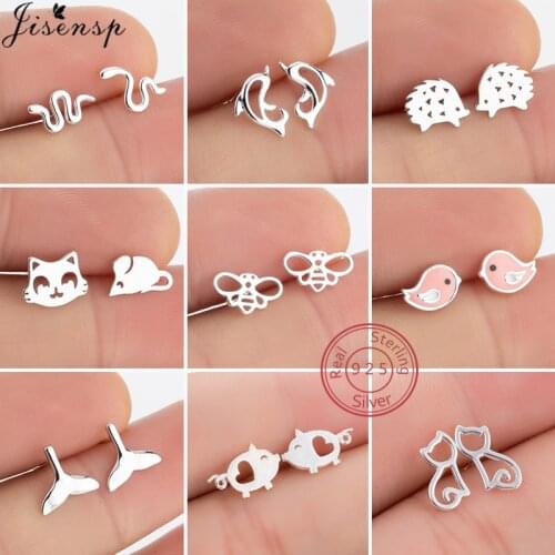Delicate 925 Sterling Silver Animal Stud Earrings for Women Kids Jewelry Lovely Snake Cat Bird Pig Bee Earing Piercing Accessory