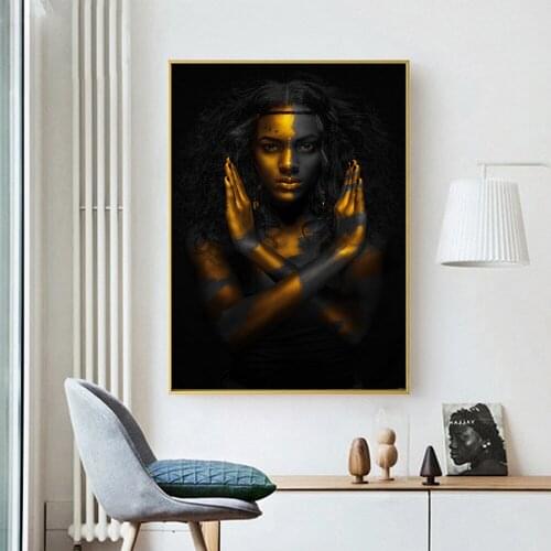 Modern Black Makeup Girls Canvas Art Prints African Woman Canvas Paintings On The Wall Posters And Prints Golden Pictures Decor