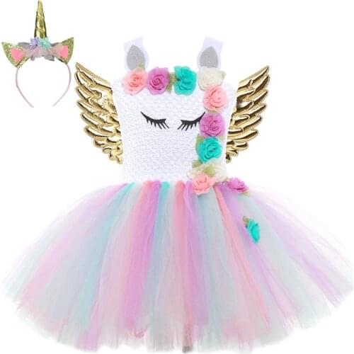 2021 Girl Unicorn Dresses for Girls Tutu Princess Party Dresses Flower Birthday Cosplay Halloween Costume Girls Clothing