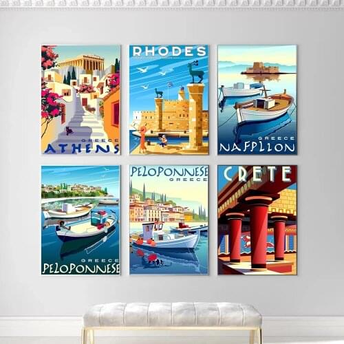 Travel To Greece Athens Rhodes Island Canvas Painting Vintage Wall Posters Fishing Boats Seascape Home Decorative Pictures Gift