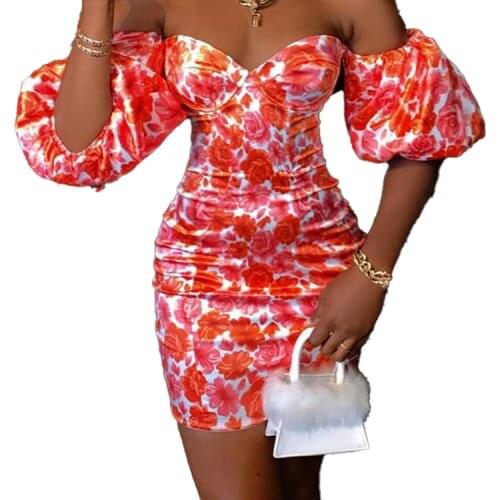 S-3XL plus size lantern sleeve printing bag hip skirt sexy one-shoulder dress female 2021 summer fashion womens clothing