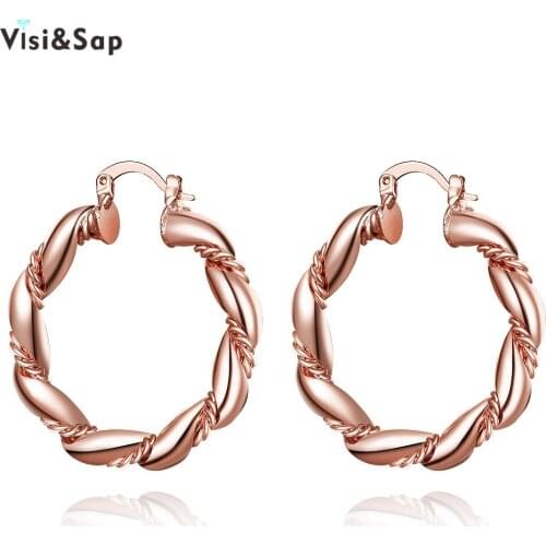 Visisap O Shape Yellow Rose Gold Color Twisted Hoop Earrings For Women Girls Gifts Earring Brincos Fashion Jewelry VKZCE028