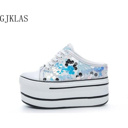 Platform Vulcanize Shoes Casual Wedge Half Slippers Black White Women Shoes High Heel Bling Fashion Sport Shoes Women Chunky