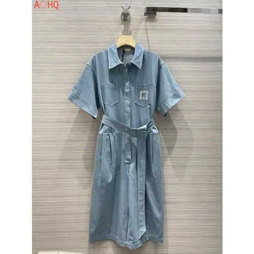 High-End Summer 2021 Fashionable Brand Luxury Denim Jumpsuits Women Drop Shoulder Shirt Comfortable Embroidery Loose Dress 0357