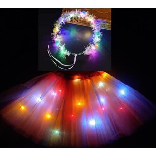 2020 new year Gradation Light LED Kids Coloured lights Tutu Skirt Princess Party Tutus Tulle Child Luminous Headband orang