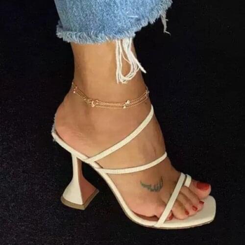 2021 New Sexy White Leather Slippers Summer High Heels Sandals Women Open Toed Block Heel slipper Shoe Mules Pumps Size 35-42