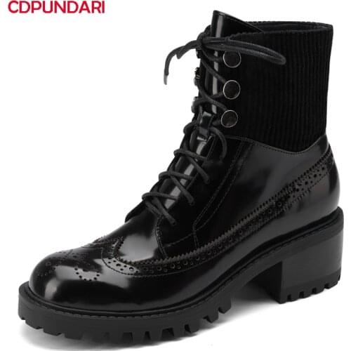 Ladies Black Genuine Leather Med Heels Platform Ankle Boots Women Autumn Winter Punk Martin Short Boots Shoes Bottes Plateforme